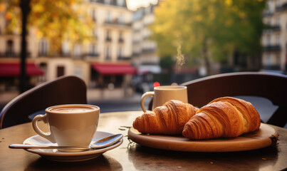petit déjeuner parisien typique avec croissant et café sur une table de bistrot	
