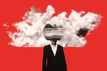 Surreal woman portrait collage in red with cloud background. Model wearing black suit and face covered with round circle with mountains landscape view. High contrast and halftone pattern