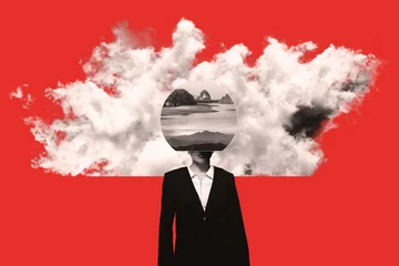 Photo sur Plexiglas Rouge Surreal woman portrait collage in red with cloud background. Model wearing black suit and face covered with round circle with mountains landscape view. High contrast and halftone pattern