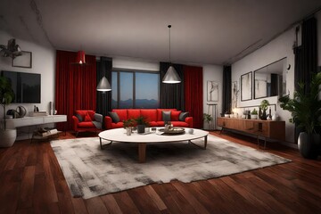 a living room, dining room with white walls,  hardwood flooring  with , glittery silver,  and red  background, night mode