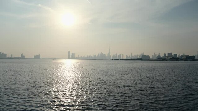 Panoramic View of Downtown Skyline from Dubai Creek Harbor in 4K Quality
