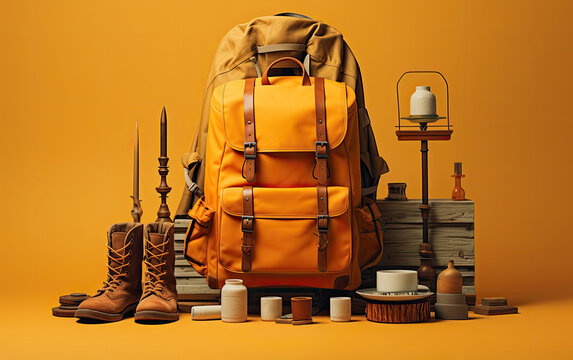  A travel backpack with accessories on the orange background.