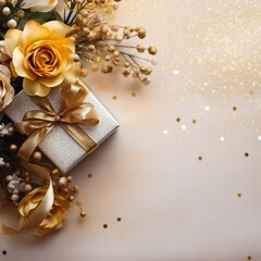 Fototapeta na wymiar top view blank empty space , Christmas and happy New year golden theme decoration element at the corner, bokeh light and flower bouquet and gift box for image background, Ai generated
