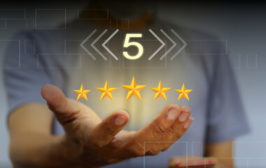 Concept of customer service and satisfaction Men are commenting on their 5-star impressions to provide satisfaction with the service. The rating is very impressive.