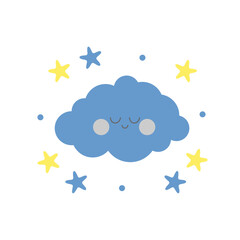 Sleepy blue cloud with blue and yellow stars for baby room decoration. For fabric print logo sign cards banners Kids wall art design Vector illustration