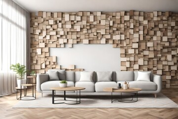 closeup view, 3D view, wooden  wall, in modern living room interior, sofa color of white  , 3d render