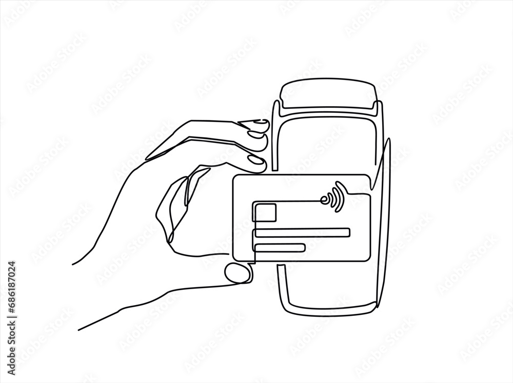 Poster continuous one line drawing hand of using a credit or debit card for transactions through the termin