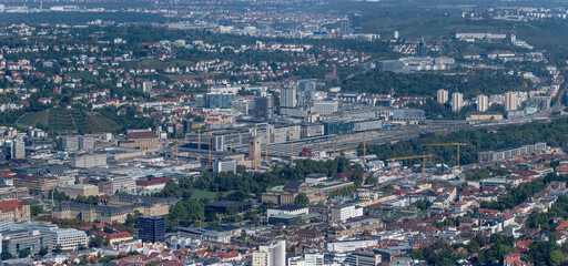 Obraz premium aerial cityscape with railway station neighbourhood from TV-tower, Stuttgart, Germany