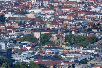 Fototapeta na wymiar aerial cityscape with Johannes Evangelical church at Feuersee lake, Stuttgart, Germany