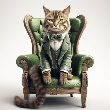 Cute cat in suit with long tail sitting on green leather armchair on isolated white background. an anthropomorphic animal. Generative ai