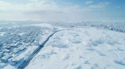 Fototapeta na wymiar Town after snow storm, aerial view