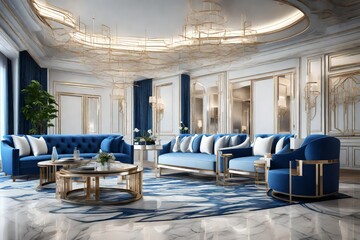 close up view, entree hall in luxury hotel, with blue and white color sofa's