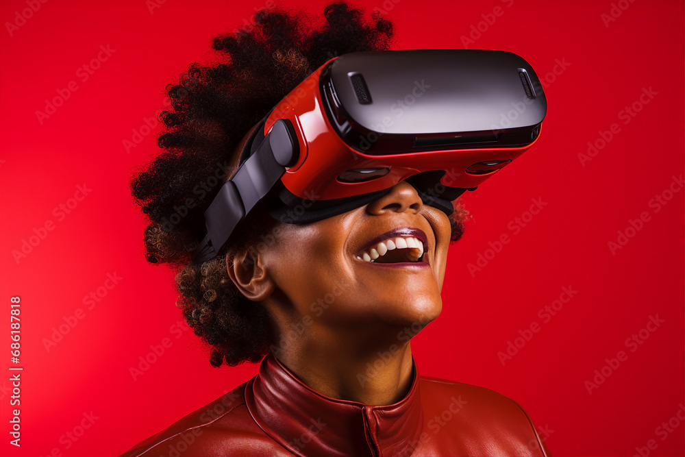 Aufkleber generative ai person using virtual reality goggles 3d augmented experience exited digital world head