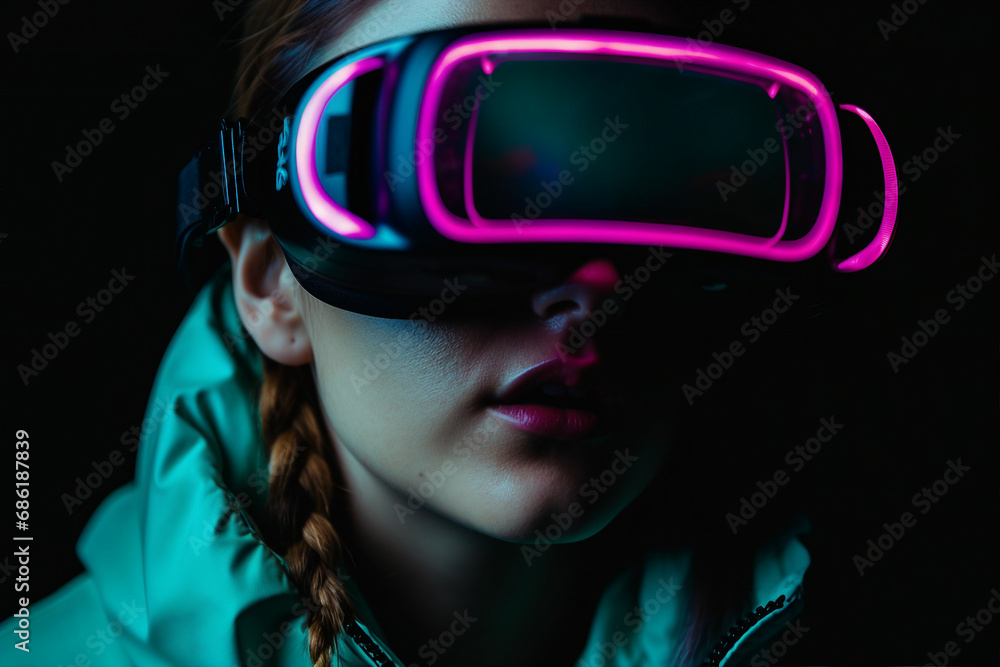 Aufkleber generative ai person using virtual reality goggles 3d augmented experience exited digital world head