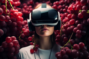 Generative Ai person using Virtual reality goggles 3d augmented experience exited digital world headset