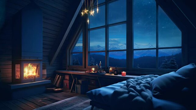 bedroom with cozy low bed at a winter night. seamless looping time-lapse virtual video Animation Background.