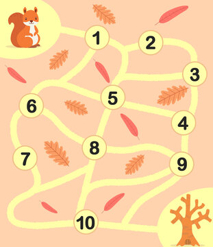 Number maze game for kindergarten and preschool with cute squirrel illustration. Labyrinth puzzle. Follow the numbers from 1 to 10. Worksheet for kids and children.