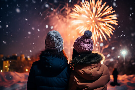 Firework show midnight new year night young people watching amazing show Generative AI picture