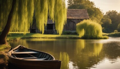 Combine elements of a peaceful lakeside scene with a rowboat, weeping willow trees, and a rustic...