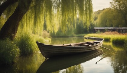 Combine elements of a peaceful lakeside scene with a rowboat, weeping willow trees, and a rustic watermill by a babbling brook.