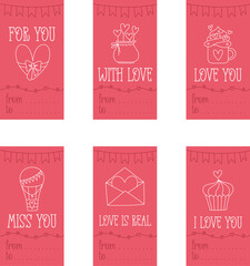 Valentines Day printable gift tags template in doodle style, vertical format, hand-drawn love theme icons and quotes. Romantic mood, cute symbols and elements collection.