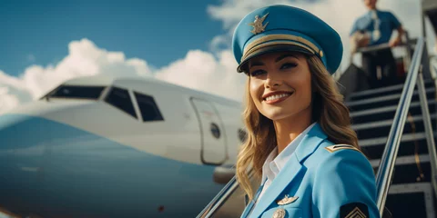 Tuinposter Attractive smiling female airplane pilot on the ramp, charming woman private airline employee in uniform and cap © Art Gallery