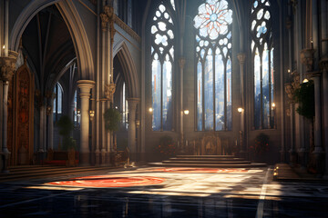 A majestic cathedral inspired by Gothic architecture, with towering spires, intricate stone tracery, and stained glass windows, creating an atmosphere of grandeur and spirituality. Ai Generated.NO.04