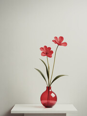 elegante e moderno vaso in vetro colorato con semplici fiori su superficie bianca, sfondo parete bianca