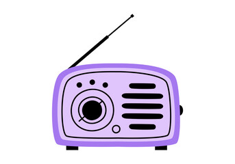 Hand drawn cute cartoon illustration of retro radio player. Flat vector old audio equipment sticker in colored doodle style. Vintage shortwave device for listening music with antenna icon. Isolated.