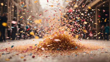 An explosion of vibrant and shimmering confetti scattering across a white space, capturing a moment of celebration and festivity.
