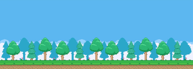 8bit colorful simple vector pixel art horizontal illustration of cartoon dense mixed forest in retro video game platformer level style
