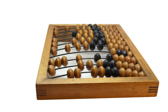 schoty abacus on white background. Vintage calculating tool. Wooden frame and colored beads on steel curved rods