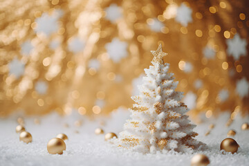 Fototapeta na wymiar Golden Holiday Splendor - Snowy Miniature Christmas Tree with Glittering Golden Background