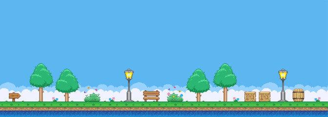 8bit colorful simple vector pixel art horizontal illustration of cartoon park with benches, trees, lanterns in retro video game platformer level style