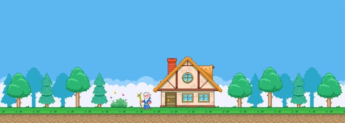 8bit colorful simple vector pixel art horizontal illustration of cartoon house of old elf druid in the middle of dense forest in retro video game platformer level style