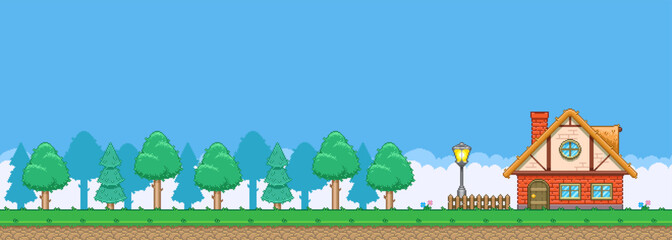 8bit colorful simple vector pixel art horizontal illustration of cartoon cute little house on the edge of the woods in retro video game platformer level style