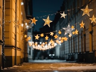 christmas decorations and star lights on a side street