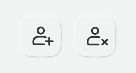 Add, delete user icon. Plus, minus person sign. New profile button symbol. Close profile. Vector isolated sign.