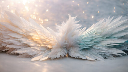 Angelic wings comprised of luminous, iridescent feathers spreading elegantly against a white expanse, embodying ethereal beauty.