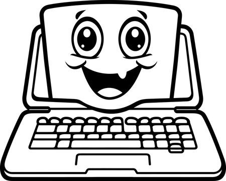 Laptop cartoon vector stock, coloring page black and white