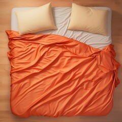 Fototapeta na wymiar Top View of a Comfortable Messy Unmade Bed with Orange Bedding and Pillows, Generative AI