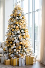 gold disco balls on a white christmas tree