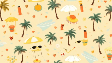 Fototapeta na wymiar a seamless pattern with objects such as palm trees and some others with soft colors, suitable for printing on fabric.