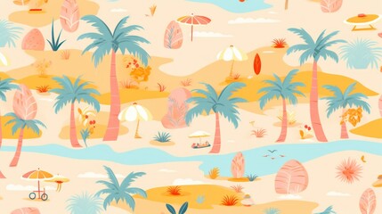 Obraz premium a seamless pattern with objects such as palm trees and some others with soft colors, suitable for printing on fabric.