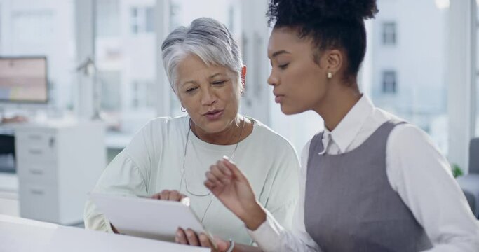 Business, tablet and women in office for creative, collaboration or design, idea or research. Digital, app and woman intern with senior mentor for coaching, teamwork or coworking on project proposal