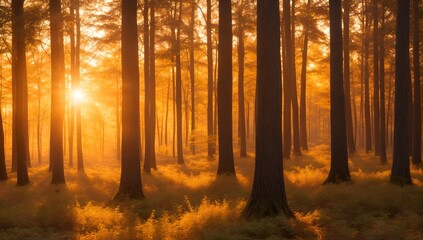 Obraz premium Enchanting Sunset in the Forest. Sunlight Through the Trees Landscape.