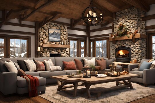 closeup view, 3D, Paint a cozy ski lodge