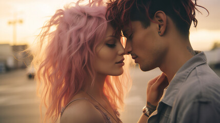 Naklejka premium modern young couple kissing and hugging at sunset, gen z man and woman with colored hair kiss and embrace portrait