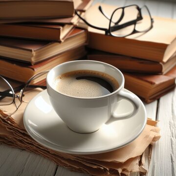 cup of coffee and books on table