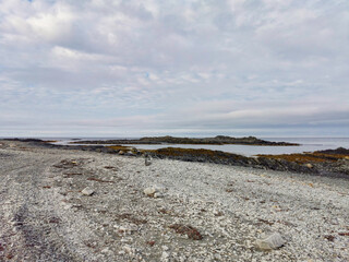 The rocky coast of the Barents Sea. Beautiful view of the rocks and the coast of the Rybachy and Sredny peninsulas, Murmansk region, Russia. The landscape is the harsh beauty of the north.